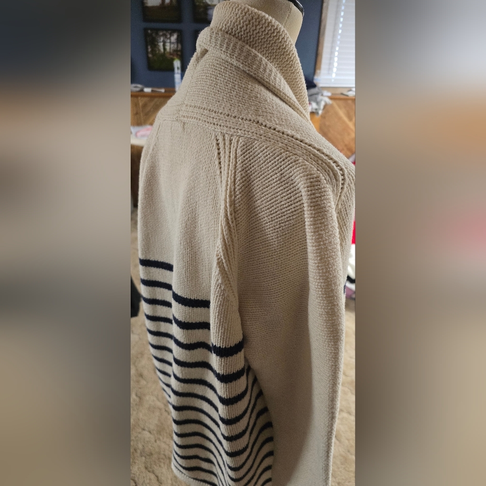 J. CREW Cream and Navy Shawl-Collar Striped Cardigan, Sz L - Picture 9 of 14